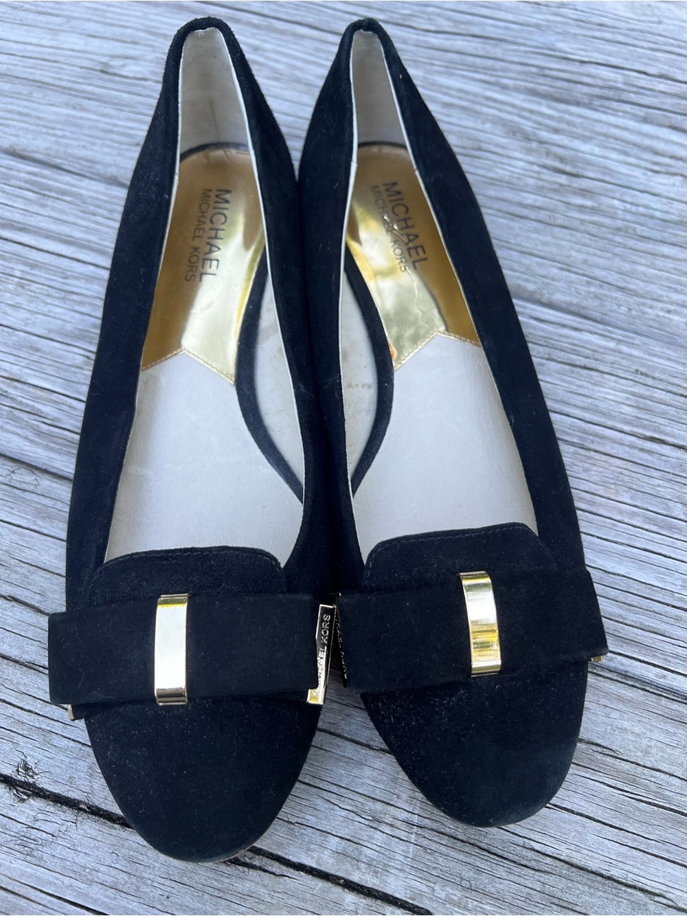 Michael Kors Black Suede Bow Flats with Gold Accent Size 8